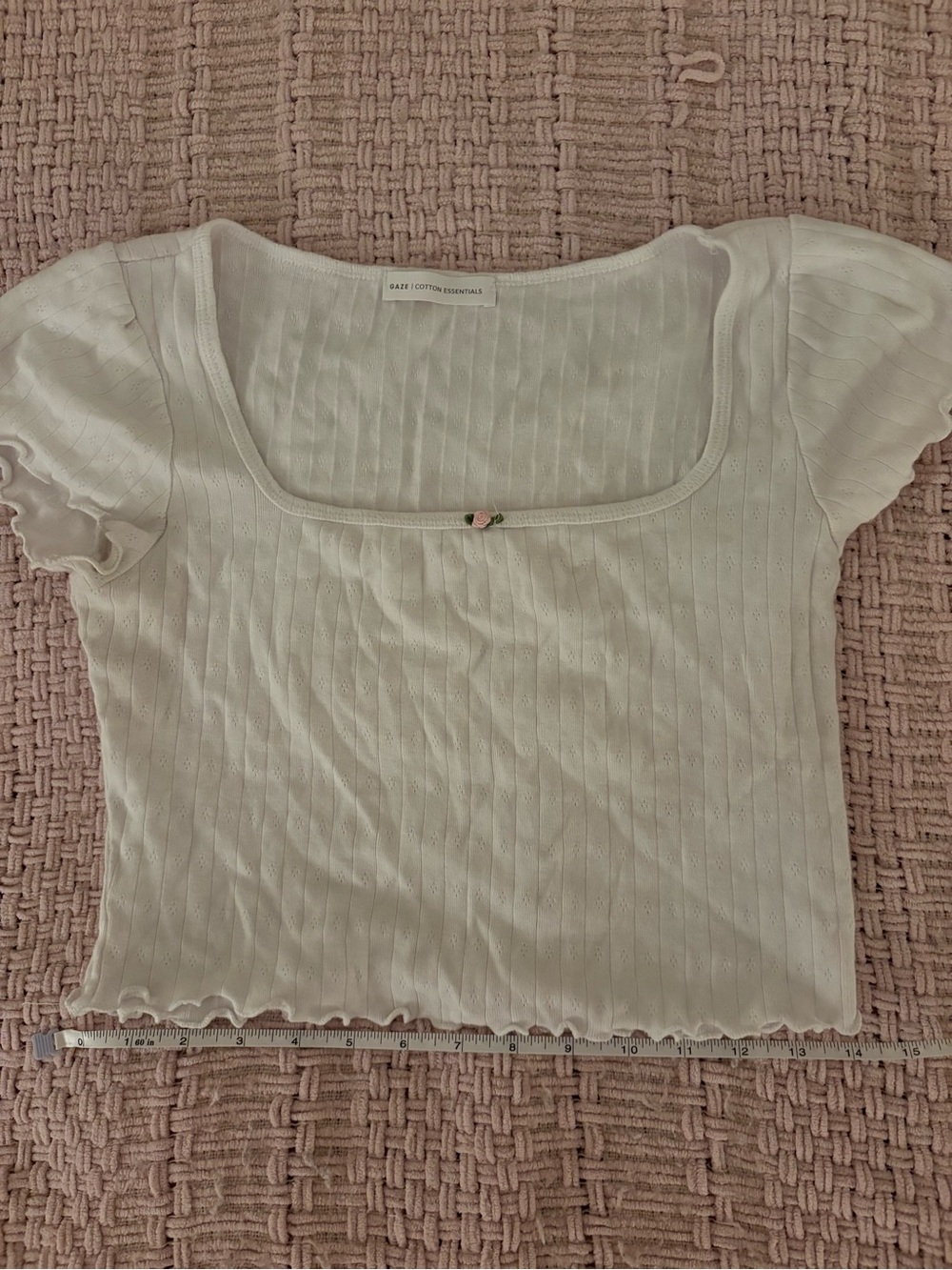 gaze Cream Ribbed Square-Neck Crop Top with Bow Accent